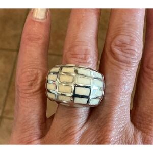 Chunky Stainless Steel Ring‎ White Brick Pattern Statement Band Size 7